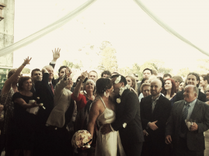 Corinne and Steve's Powerhouse wedding, I love this shot of them being showered in rose petals