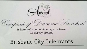 Certificate to honor Brisbane City Celebrants outstanding excellence award
